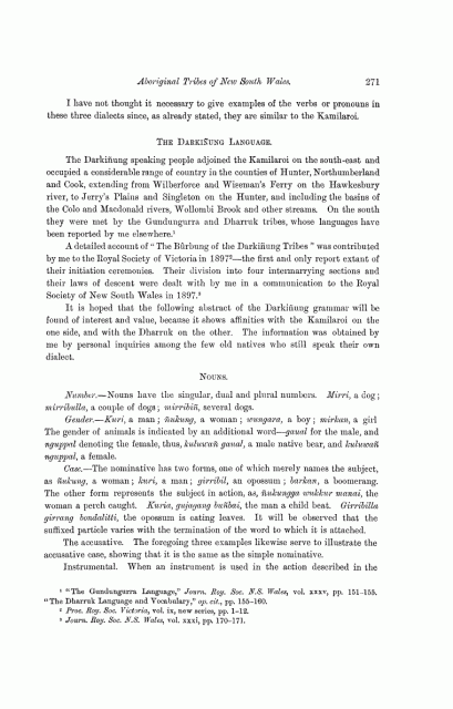 R.H. Mathews publishes Darkinung Language 1903, p271 Darkinung Language in General & Nouns